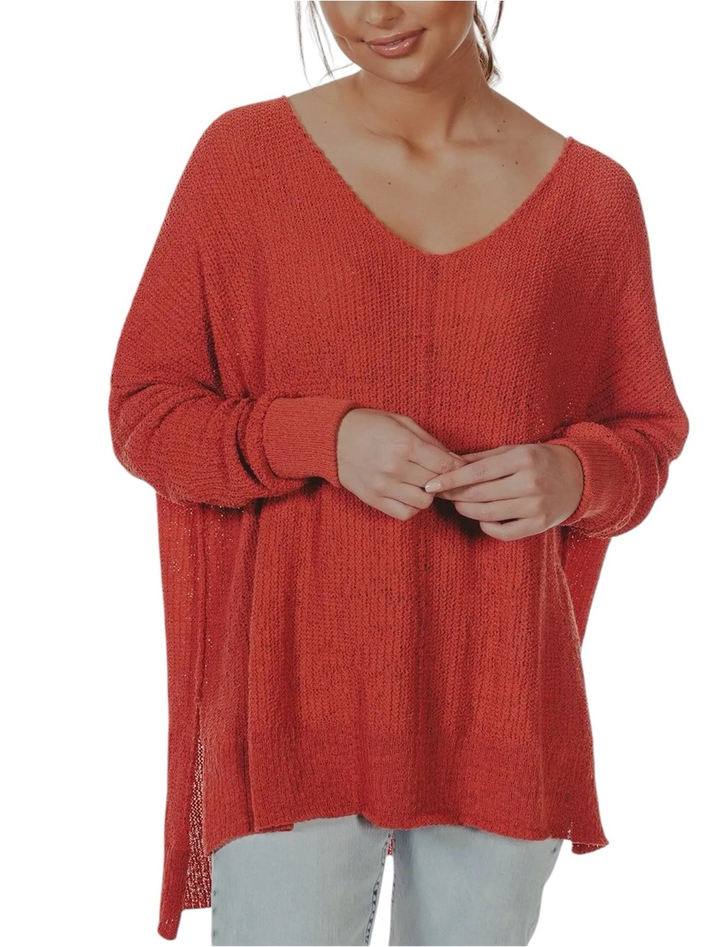 The Normal Brand - Women's Coral/Red Oversized V-Neck Sweater - Roadtrip Sweater